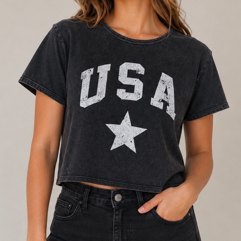 Caution to the Wind USA Star Crop Tee M Black Acid Wash Oversized Boxy Americana